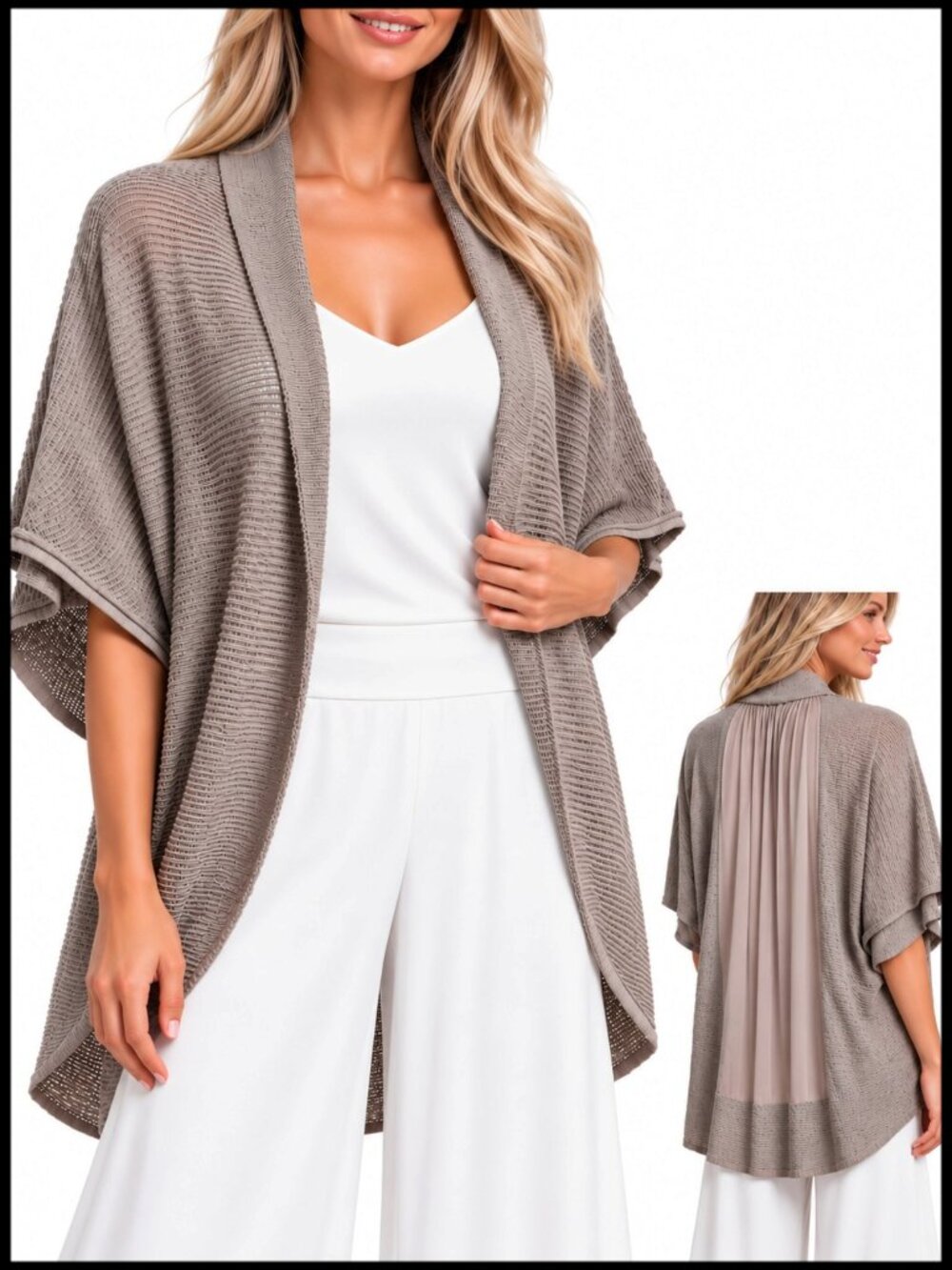 Alice + Olivia Open Front Cardigan Taupe Grey Silk Back M